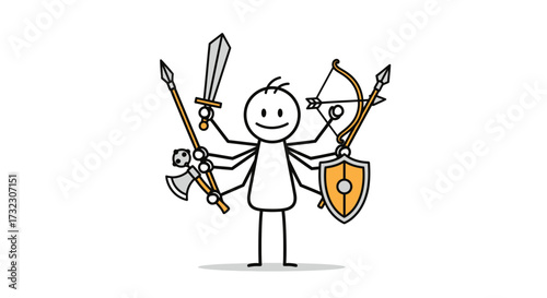 Stick figure champion multitasking with shield, sword, axe, spear, and bow on white background