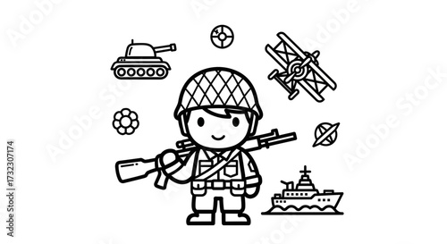 Stylized cartoon soldier with war vehicles in clean minimal outline art style illustration