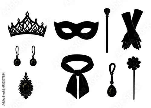 Elegant accessories set: crown, mask, gloves, earrings, collar, wand - silhouette illustration