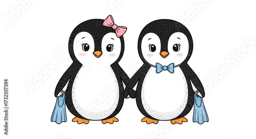 Two playful penguins holding hands, ready for a swim adventure with their colorful flippers