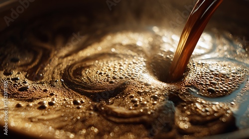 Artistic Greek coffee pour in motion, foam patterns visible, cinematic low-angle shot, golden hour glow1