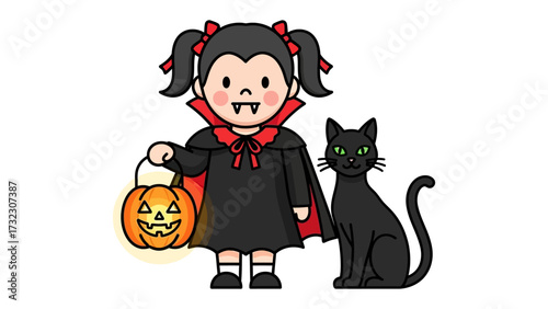 Halloween Fun: A charming vampire girl, accompanied by a sleek black cat, ready for a night of trick-or-treating holding a Jack-o'-lantern. A heartwarming scene perfect for Halloween celebrations