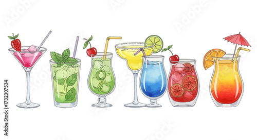 Watercolor collection of fresh colorful cocktails, ideal for summer celebrations or vibrant bar