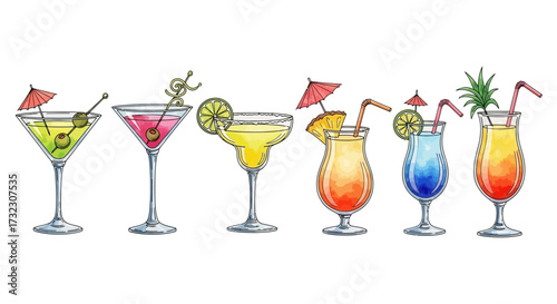 Watercolor illustrations depicting refreshing cocktails with garnishes perfect for summer parties