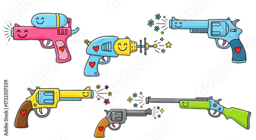 Whimsical arsenal delightful smiling toy guns collection promoting peace and happiness through