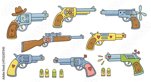 Whimsical arsenal of cartoonish revolvers and rifles with lighthearted embellishments