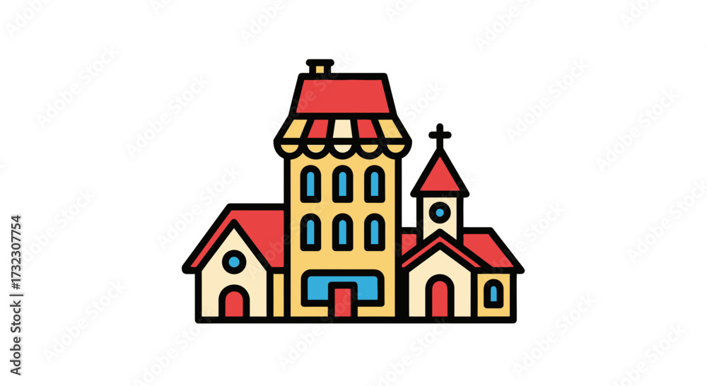 Naklejka premium Whimsical townscape illustration featuring colorful buildings and a charming cartoon style