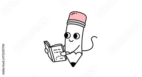 Whimsical pencil character engrossed in reading a book on white backdrop illustration