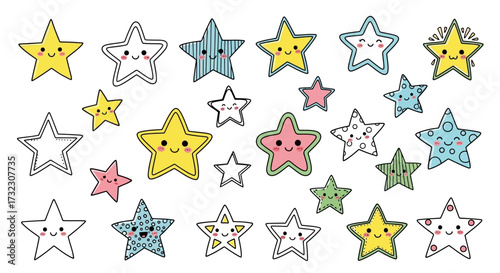 Whimsical star constellations hand-drawn colorful with adorable facial expressions and unique