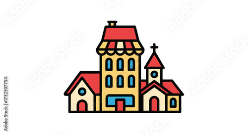 Whimsical townscape illustration featuring colorful buildings and a charming cartoon style