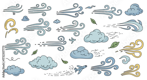 Whimsical weather pattern illustration with wind clouds and airplanes in pastel colors