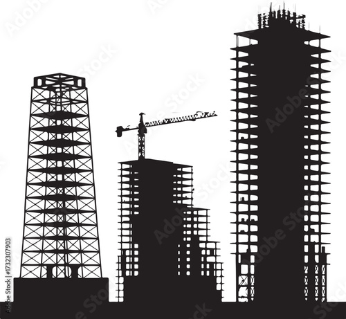 Black silhouettes of unfinished buildings and crane