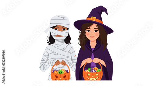 Halloween Friends Trick-or-Treating: Two cheerful children, one dressed as a mummy and the other as a witch, hold candy buckets and stand ready for Halloween night.