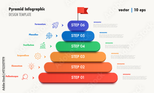 Pyramid infographic template 6 step modern 3d colorful trendy style for logic analysis, presentation, start up project, business strategy, theory basic operation vector 10 eps