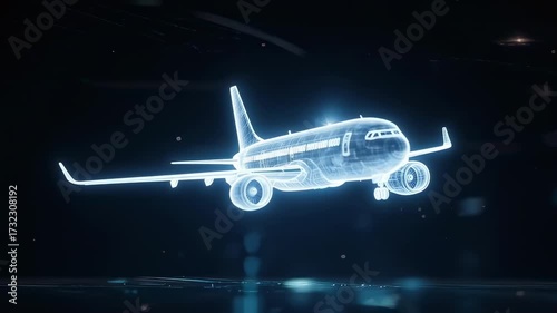 An airliner futuristic wireframe digital illustration. The scene depicts a detailed aircraft design, glowing against a dark backdrop