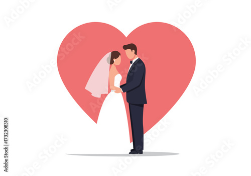 Elegant Wedding Day Newlyweds Embracing Against a Heart Backdrop