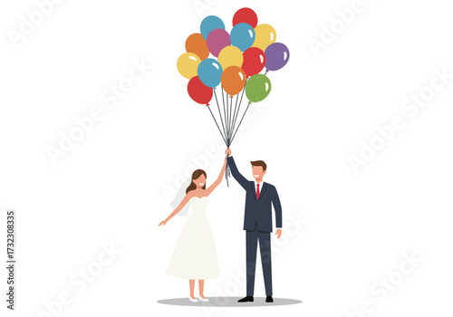 Joyful Wedding A Couple Celebrates with Colorful Balloons Against a White Backdrop