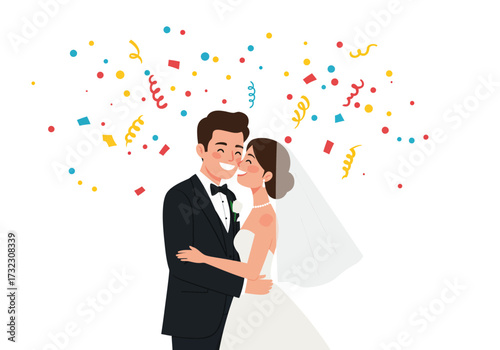 Just Married Embracing Couple Under a Shower of Confetti, Celebrating Love and Joy