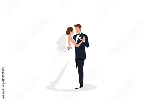 Vector illustration of a bride and groom dancing on their wedding day, isolated on a white background