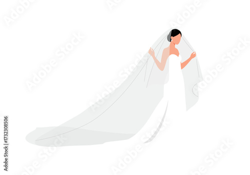 Elegant Bride in White Wedding Dress and Veil Vector Illustration