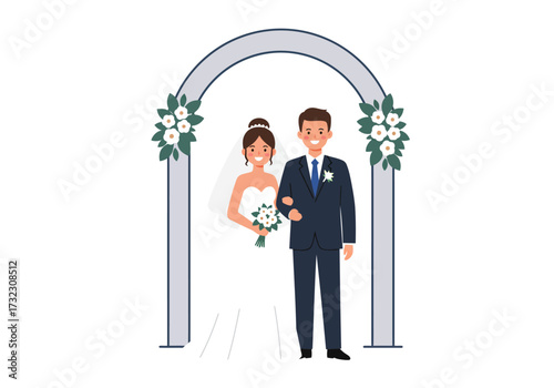 A Newly Married Couple Under a Floral Archway - Embracing Joy and Commitment