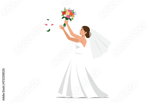 A bride in a white dress throws a colorful flower bouquet with a veil and flower petals in the air