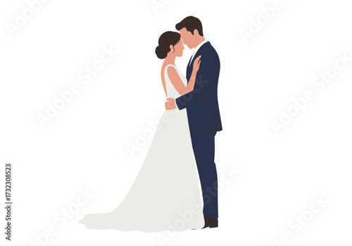 A bride in a white dress  groom in navy suit embrace faceless on white background