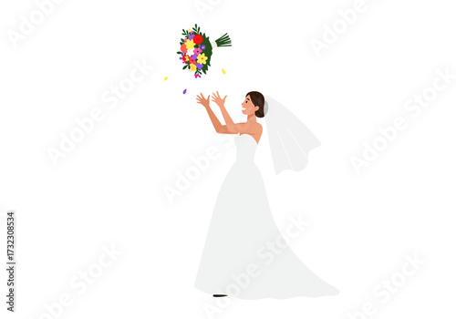 A bride in a white gown and veil throws a colorful bouquet in the air