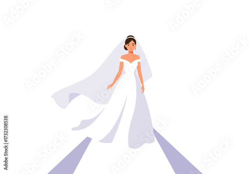 A bride in a white gown and veil walks down a path
