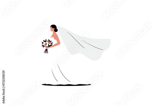A bride in a white strapless dress holds a bouquet and wears a long flowing veil on a white background