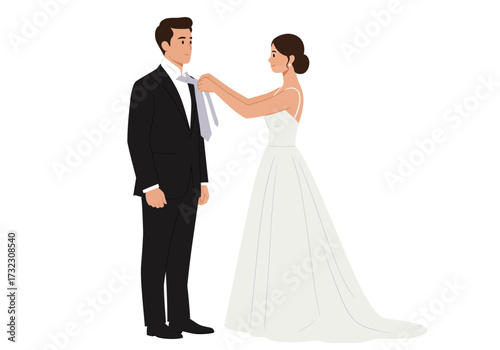A bride is shown adjusting the grooms tie The groom is in a black suit and the bride is in a white wedding dress