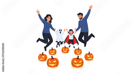 Halloween Fun: A joyful family with costumes leaps through the air, surrounded by carved jack-o'-lanterns and playful ghosts, embodying the spirit of a festive Halloween celebration. 