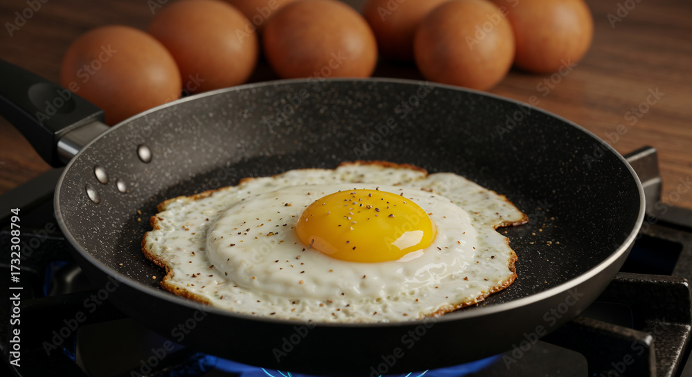 Close-up of fried egg with crispy edges in pan on stove