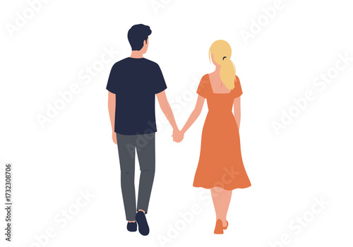 A couple is walking hand in hand away from the viewer
