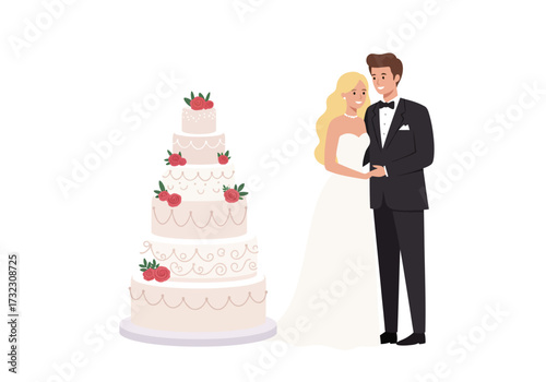 A couple poses next to a tall wedding cake the bride in white and the groom in a black suit