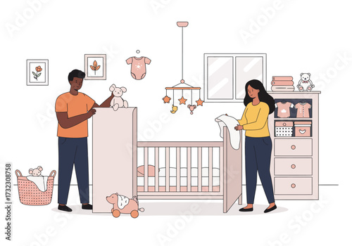 A couple prepares a babys nursery with a crib dresser and toys