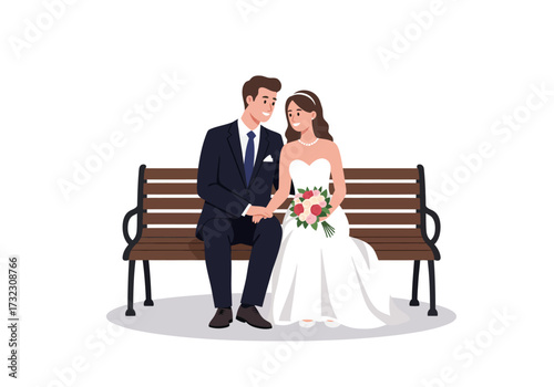 A couple sits on a park bench woman in a wedding dress holds flowers