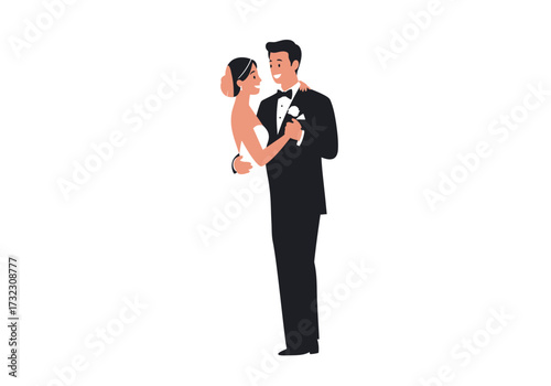 A couple the bride in a white dress and the groom in a black tuxedo are embracing and dancing