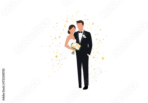 A couple stands dressed formally surrounded by golden stars and dots