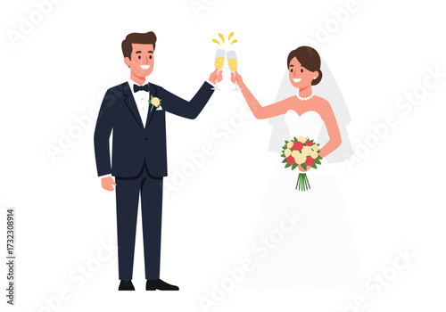 A groom and bride clink champagne glasses shes in a white gown and holding a bouquet he is in a dark suit