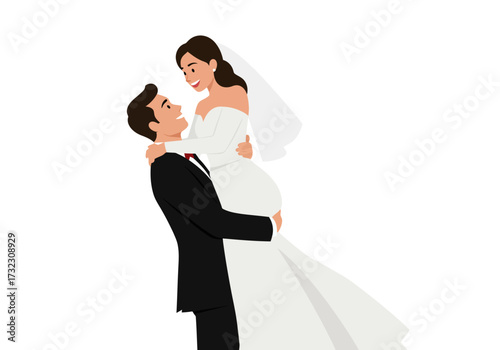A groom in a black suit lifts his bride in a white gown while they gaze at each other