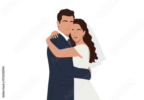 A groom in a suit embraces a bride in a wedding dress and veil
