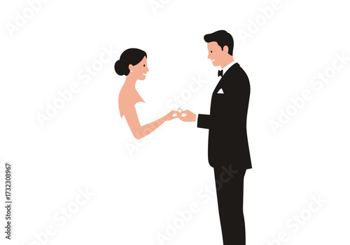 A groom places a ring on the brides finger in a wedding ceremony