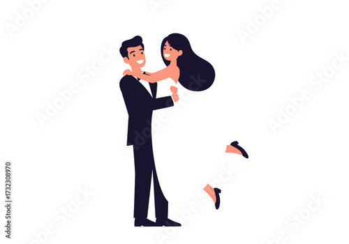 A groom in a suit is holding and lifting up his bride