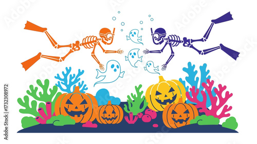 Underwater Halloween Fantasy: Two skeleton divers explore a vibrant, spooky underwater scene, encountering cheerful ghost companions and jack-o'-lanterns against the backdrop of colorful coral reefs.