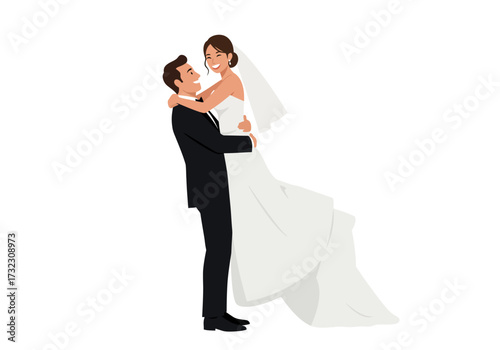 A groom lifts a bride both smiling in a black suit and white dress with a veil