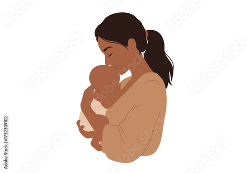 A minimalist illustration of a mother holding and kissing her baby