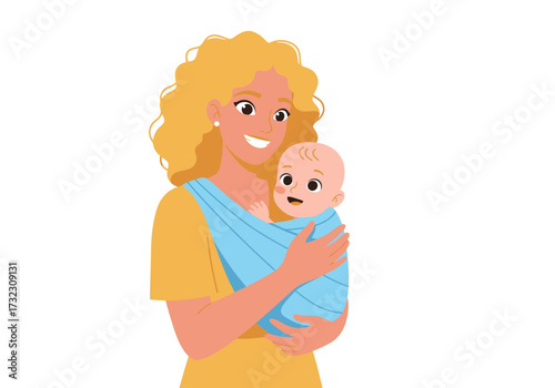 A mother with blond curly hair smiles holding a baby wrapped in a blue cloth