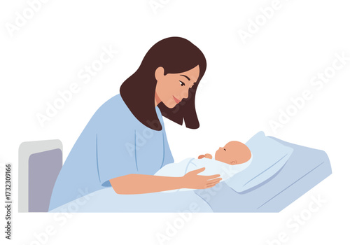 A new mother in a hospital gown holds her newborn baby on a bed