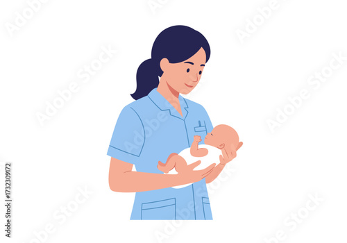 A nurse holds a baby gently in her arms looking down with care